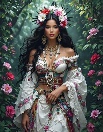 A woman is standing in front of a forest with pink and white flowers on her head and a white dress adorned with colorful patterns. She has long dark hair styled in an elegant updo and is wearing earrings that match the colors of the flowers around her.