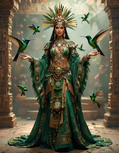 A woman dressed in an elaborate green and gold costume stands in a temple-like setting with a large golden crown on her head and several birds perched around her neck.