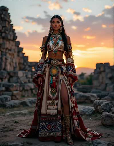 A woman is standing in front of a stone wall at sunset. She is wearing a long, colorful dress with gold accents and earrings that match the warm hues of the sky. The woman's hair is styled in an elegant updo, adding to her regal appearance.