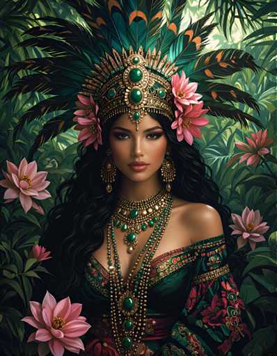 The image depicts a woman wearing traditional Native American attire and headdress with green feathers. She is surrounded by pink flowers and lush greenery, suggesting she might be in a jungle or forest setting. The woman's face is turned towards the camera, creating an engaging visual narrative that invites the viewer to explore her story further.