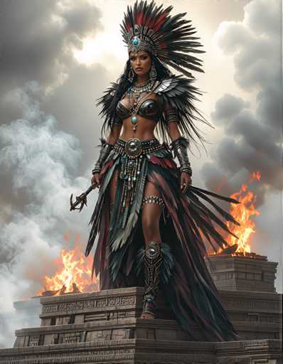 A woman dressed as a native american warrior stands atop a stone structure with her back turned towards the viewer. She wears a traditional outfit consisting of a black feathered headdress and a red feather headband, along with a blue necklace and earrings. The stone structure she is standing on has a carved design at its base, suggesting it may be an ancient monument or temple.
The background features a sky filled with clouds, adding to the overall atmosphere of the scene.