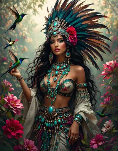 A woman is depicted wearing a traditional Native American headdress and feathered costume with intricate beadwork and jewelry. She holds a bird in her hand while surrounded by pink flowers.