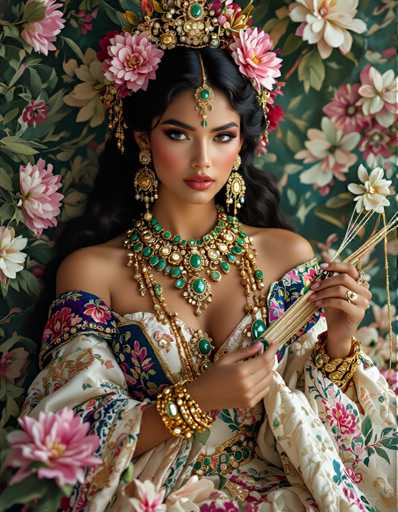 A woman is seen from behind with a floral patterned dress and a crown of flowers on her head. She holds a stick in one hand and a gold chain necklace in the other. The background features a green wall adorned with pink flowers.