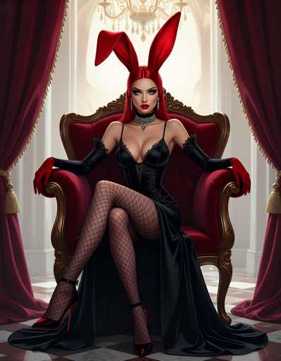 A woman with red hair and a red bunny ear is seated on a red velvet chair in front of a window with gold curtains. She is wearing a black dress and high heels.