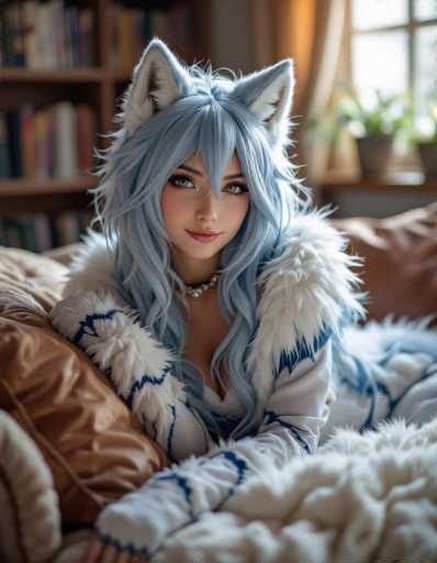 A woman with long blue hair is lying on a couch next to a window and wearing a fur coat.