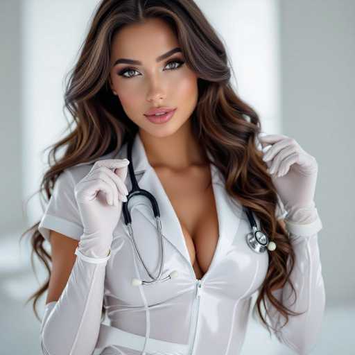 A woman with long brown hair wearing a white nurse's uniform and holding a stethoscope around her neck.