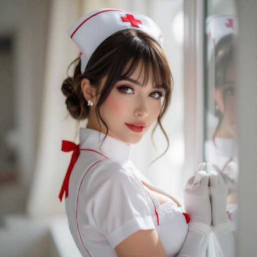 A woman dressed as a nurse stands against a white wall with her hands on her hips and looking directly at the camera.