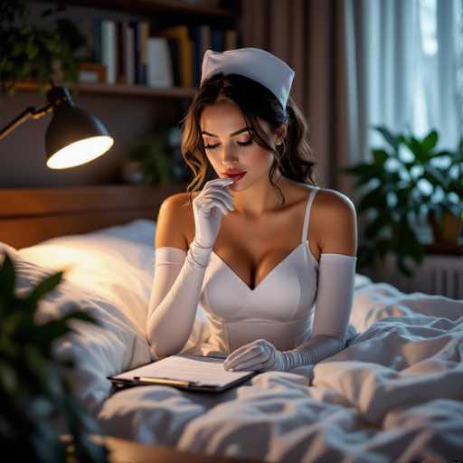 A woman dressed as a nurse is sitting on a bed with white sheets and a white pillow. She has her hands resting on her lap while she reads a book. The room also contains several potted plants placed around the space.