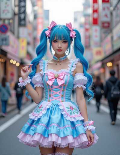 A young woman with blue hair styled in pigtails is standing on a city street wearing a blue and white dress with pink flowers and a gold necklace. She has her hand raised to her face as if posing for the camera. The background shows buildings and signs lining the street, indicating an urban setting.
