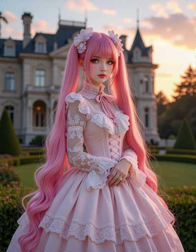 A woman with long pink hair is standing in front of a large white building with a blue roof and multiple windows. She is wearing a pink dress with lace sleeves and a ruffled collar, and she has a flower pinned to her hair.