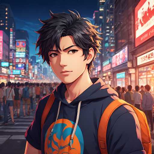 The image depicts a young man with spiky hair and an orange backpack walking down a busy city street at night. The background is filled with neon signs and buildings, creating a vibrant urban atmosphere.