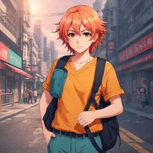 A young girl with orange hair is walking down a city street carrying a backpack and wearing an orange shirt.