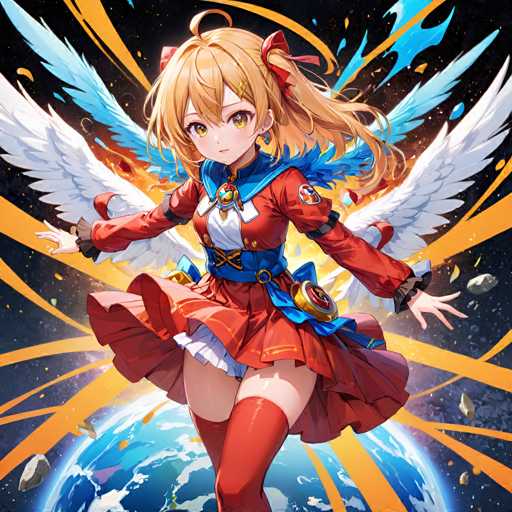A young girl with blonde hair and red hair is shown wearing a vibrant red dress with white wings on her feet. She has a bow in her hair and is holding out one hand while the other hand is raised to her face. The background features a blue sky filled with orange and yellow lines, creating an impression of a starry night or a fiery explosion.