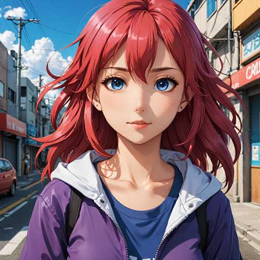 The image shows a young girl with vibrant red hair and striking blue eyes standing on the sidewalk of an urban street. She is wearing a purple jacket over a white shirt and has a backpack slung over her shoulder. The background includes buildings and power lines, suggesting that she is in a city setting.