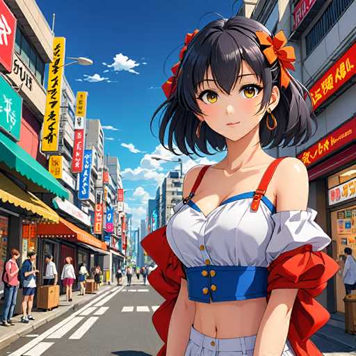 The image depicts an anime character standing on a city street with a red and white striped shirt and orange hair accessories. The character is facing the camera directly, giving a clear view of her face and upper body. In the background, there are buildings lining the street, including a store with a green awning that displays Chinese characters. "大阪市" written on it.