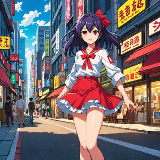A young girl with long dark hair and a red bow on her head is walking down the street wearing a white dress and red shoes. The street has buildings lining both sides, and there are people walking along the sidewalks in front of these buildings.