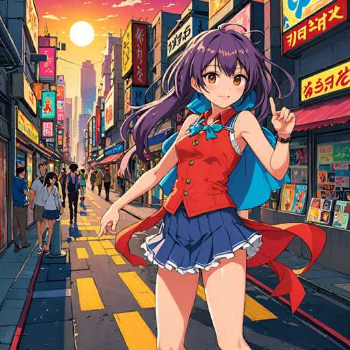 A young girl with long hair and a blue dress stands on a city street at sunset, holding her arm out as she looks directly at the camera. The background features tall buildings adorned with neon signs in various colors, creating a vibrant urban atmosphere.