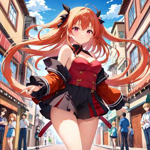 The image depicts an anime character with long red hair and a black top, standing on the street wearing a red dress and a black jacket with a gold emblem. The character is facing the camera directly, with her arms outstretched as if she's about to dance or perform some action. In the background, there are people walking along the sidewalk, going about their day under an overcast sky.