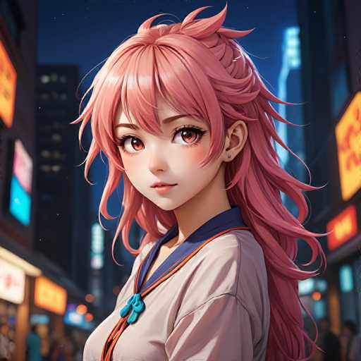 The image depicts a young girl with long hair and pink hair wearing a white shirt with an orange collar. She is looking directly at the camera with a serious expression on her face. The background shows a city street lined with buildings illuminated by bright lights, creating a vibrant nighttime scene.
