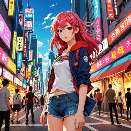 The image depicts a bustling city street scene with a young woman as the central figure. She is wearing a white shirt and blue jeans, standing on the sidewalk next to a crosswalk. The background shows tall buildings adorned with neon signs in various colors, creating a vibrant urban atmosphere. Several people can be seen walking along the sidewalks or waiting at the crosswalk, contributing to the lively cityscape.
