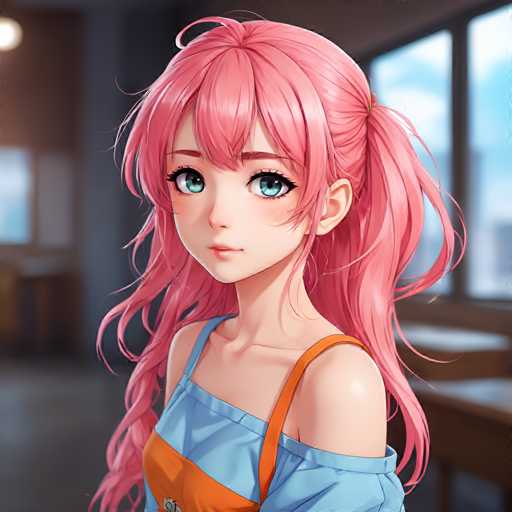 The image depicts a young girl with pink hair wearing an orange and blue striped shirt. She is looking directly at the camera with a serious expression on her face. The background features a window that provides natural light to the room, creating a bright and inviting atmosphere.