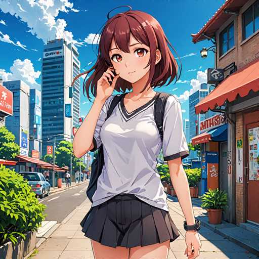 A young woman with brown hair and a white shirt is walking down the street while talking on her cell phone. She has a backpack on her shoulders and is wearing a black skirt. The background features tall buildings and trees lining the street.