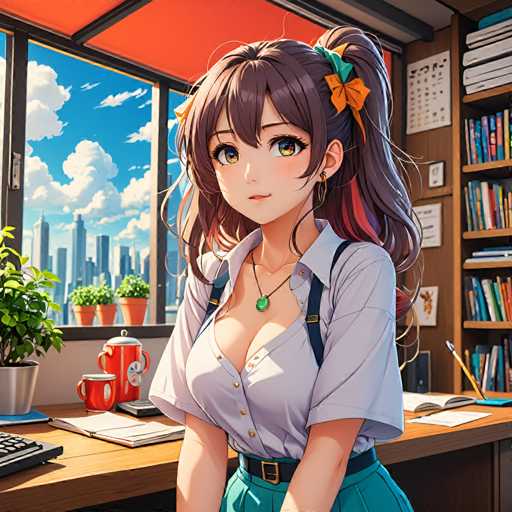 A young woman with long brown hair is sitting at a desk in an office setting. She is wearing a white blouse and green skirt, and has a large nose and bright eyes. The desk is cluttered with various objects including a coffee cup, potted plant, and books. A window behind her offers a view of the city skyline, which includes buildings of different sizes and designs.