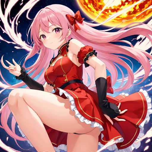 A pink-haired girl with a red dress and black gloves stands in front of an orange sunburst backdrop, holding her hand up to the sky as if reaching for something or someone.