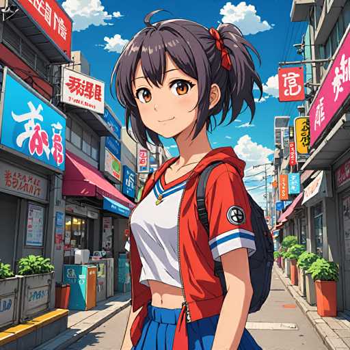 A young girl with brown hair and a red headband stands on the sidewalk of an anime-style street scene. She is wearing a white shirt and blue skirt, and has a backpack slung over her shoulder. The background features buildings adorned with signs in Japanese characters, suggesting that this is set in Japan or a region where Japanese is spoken.