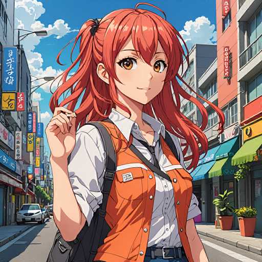 The image depicts an anime character with vibrant red hair and a white shirt walking down a city street lined with buildings of various colors and sizes. The character is carrying a backpack on their shoulders and has a large smile on their face as they walk past a store window filled with potted plants.