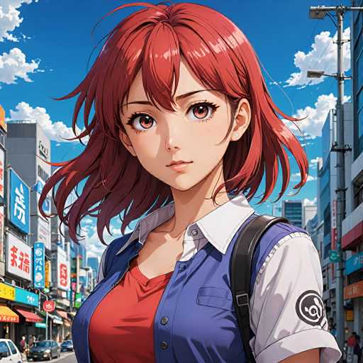 The image depicts a young woman with vibrant red hair walking down a busy city street lined with tall buildings and colorful signs. She is wearing a blue jacket over a white shirt and carrying a backpack on her shoulders. The perspective of the photo is from behind her, giving an impression that she is moving forward in time as if captured mid-stride.