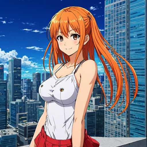 A young girl with long orange hair is standing on a rooftop overlooking a cityscape of tall buildings and blue sky. She is wearing a white tank top and red skirt.