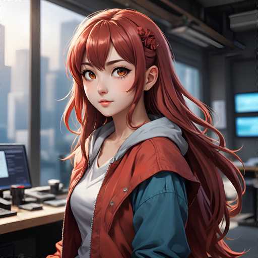 A young girl with long red hair is standing in front of a window that offers a view of the city skyline. She is wearing a white shirt and a red jacket over it. The background features a computer monitor and a desk with various items on it.