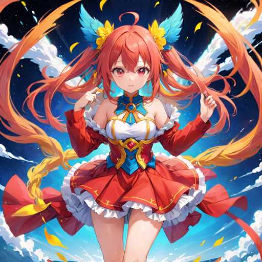 A young girl with red hair and a white dress stands against a backdrop of a blue sky dotted with clouds and yellow flowers. She is wearing a gold necklace and earrings that glint in the light. The girl's long red hair flows behind her as she gazes directly at the camera, her eyes sparkling with joy or mischief.