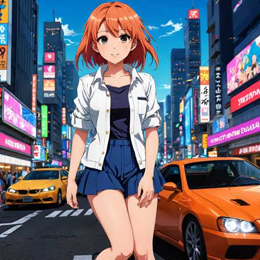 A young girl with red hair is walking down a busy city street, wearing a white blouse and blue skirt. She is carrying a black purse over her shoulder as she strides confidently towards the camera. The background features towering buildings adorned with colorful signs and billboards, creating an urban landscape that contrasts with the girl's vibrant appearance.