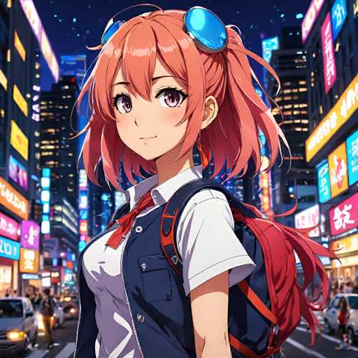 The image depicts an anime character with a pink hair color and blue eye glasses standing on the street at night. The character is wearing a white shirt and has a backpack slung over their shoulder. The background shows a cityscape filled with neon signs and buildings illuminated by bright lights, creating a vibrant and lively atmosphere.