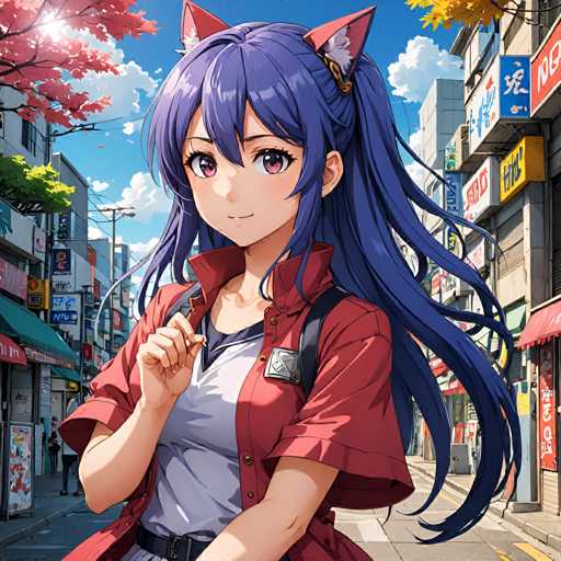 A young girl with long dark hair and a red shirt is walking down the street on a sunny day. She has her hand in her pocket and is looking directly at the camera. The background features buildings of various sizes and colors, as well as signs for stores such as "Fashion" and "Furniture".