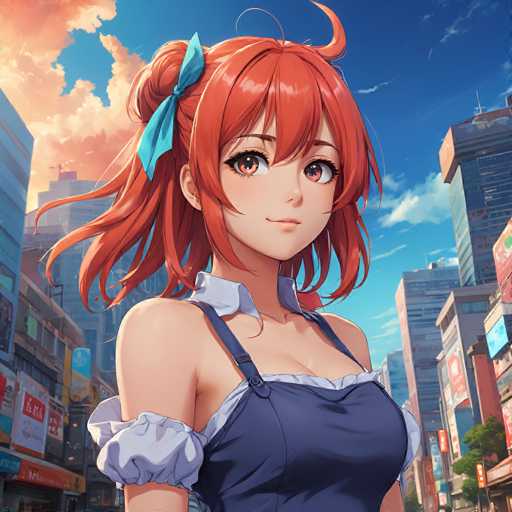 The image shows an anime character with a red head and hair styled in a bun wearing a blue dress. The character is standing on a street surrounded by tall buildings, suggesting an urban setting.