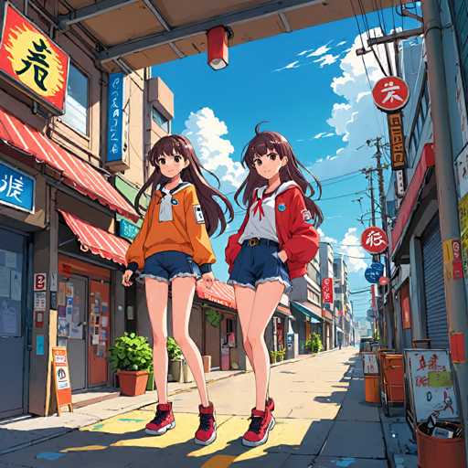 The image depicts two young girls standing on a city street with red and white signs above them. The girl on the left is wearing an orange shirt and blue shorts, while her companion is dressed in a red jacket and blue shorts. They are positioned under a red awning that extends over the sidewalk. In the background, there are buildings of varying heights, and potted plants can be seen lining the street.