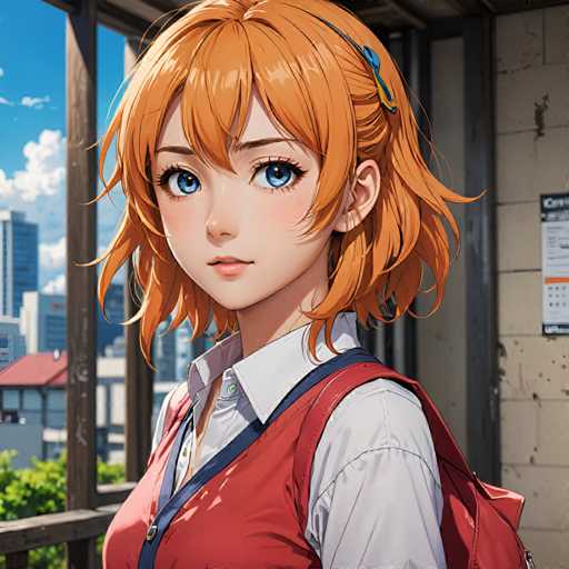 A young girl with orange hair and a red shirt is standing on a balcony overlooking a cityscape of tall buildings under a clear blue sky.