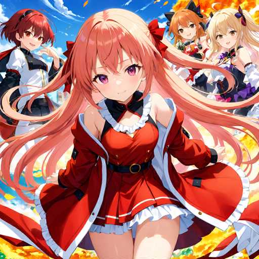 The image shows four girls with long hair and red dresses standing against a blue sky with clouds. The girl on the left is wearing a black top hat and has her hair styled in pigtails. In the center of the frame, there's another girl who appears to be looking directly at the camera. To the right, there are two more girls, one of whom is also looking at the camera while the other is not. The background features yellow flowers against a blue sky with clouds.