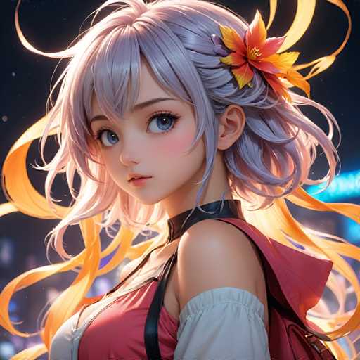 The image shows a close-up portrait of a young woman with long blonde hair and blue eyes. She is wearing a red dress that contrasts with her light skin tone. The background features a dark blue sky with white clouds, creating an atmospheric setting for the scene.
