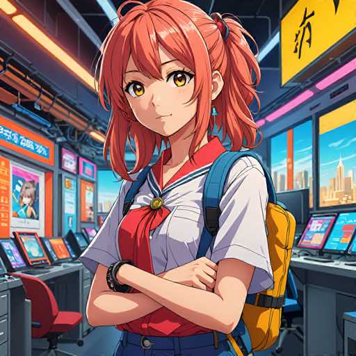 A young girl with red hair and a backpack stands in front of a computer monitor, wearing a white shirt with a red collar and blue jeans. The room is filled with computer monitors and keyboards, suggesting it's a workspace or computer lab setting.