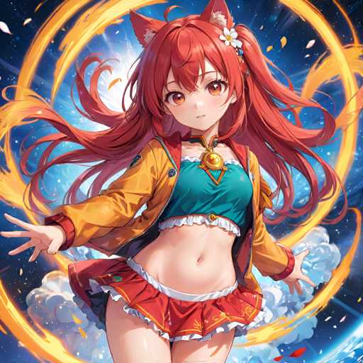 A red-haired girl with a green and white dress stands in the center of an explosion, her arms outstretched as she looks directly at the camera.