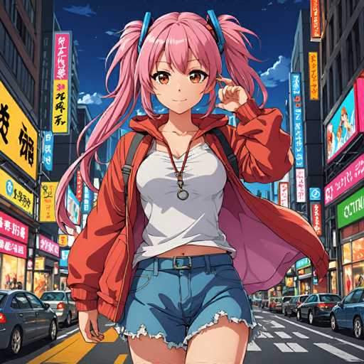 The image depicts an anime character with pink hair and a red jacket walking down a busy city street at night. The character is holding a cigarette and has a backpack on her shoulders.