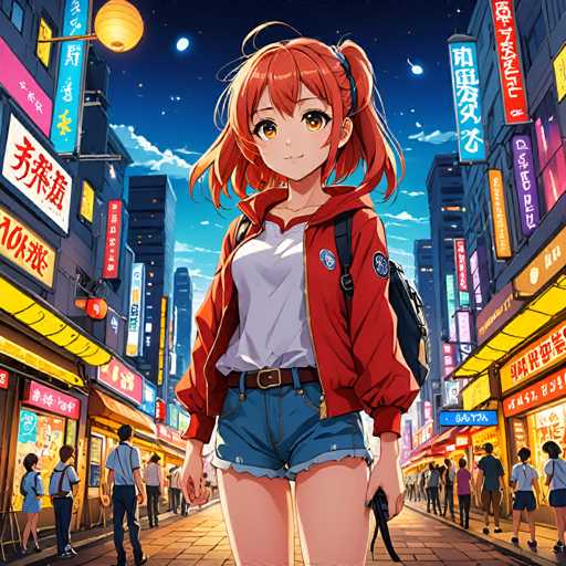 The image depicts a young girl walking down a busy city street at night. She is wearing a red jacket and blue shorts, carrying a backpack on her shoulders. The background shows the bright lights of the city, including neon signs for various shops and restaurants.