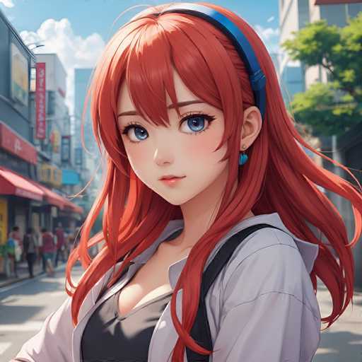 The image depicts a young woman with vibrant red hair wearing a black top and blue headband. She is standing on the sidewalk of an urban street lined with buildings and trees, suggesting a city setting. The woman's gaze is directed off to the side, creating a sense of curiosity or contemplation.
