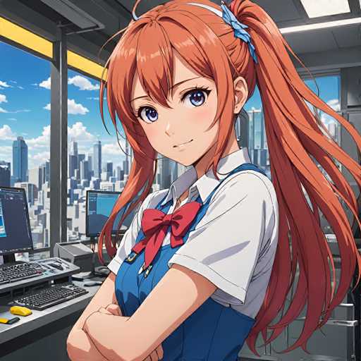 A young girl with long red hair and a blue bow on her head is standing in front of a desk with two computer monitors behind her. She is dressed in a white shirt and blue pants.