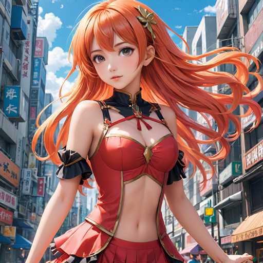 A woman with long red hair and a gold headband is walking down a city street lined with buildings on both sides. She is wearing a red dress that matches the color of her hair. The sky above is blue with white clouds, creating a serene backdrop for the urban setting below.