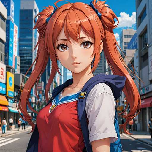 The image depicts an anime character with long red hair and a backpack walking down a city street lined with tall buildings. The character is wearing a red shirt and blue jeans.
